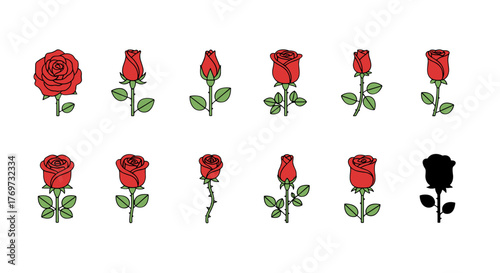 Collection of red roses in various stages of bloom and different stem styles, presented as simple flat vector icons on a black background, showcasing the beauty and diversity of this iconic flower
