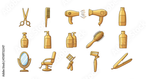 A collection of golden hair salon and barber shop tools and accessories, including scissors, combs, hair dryers, brushes, bottles of shampoo and conditioner, a mirror, a barber chair, and a hair