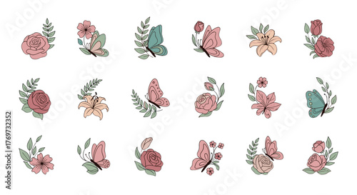 A charming collection of delicate floral and butterfly illustrations in a soft, pastel color palette, featuring roses, lilies, and various butterflies, perfect for spring-themed designs