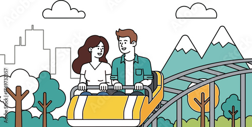 Young couple enjoying a thrilling ride on a roller coaster at an amusement park.