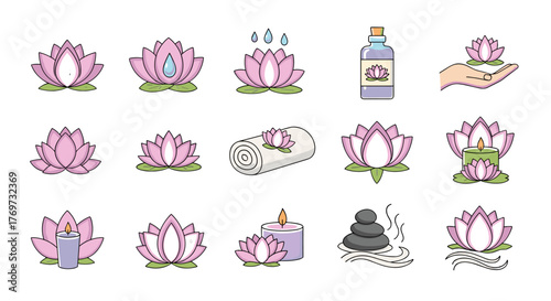Set of stylized lotus flowers and spa elements, including essential oil bottle, rolled towel, candles, hot stones, and water drops, presented in a clean, modern flat design with vibrant pink and