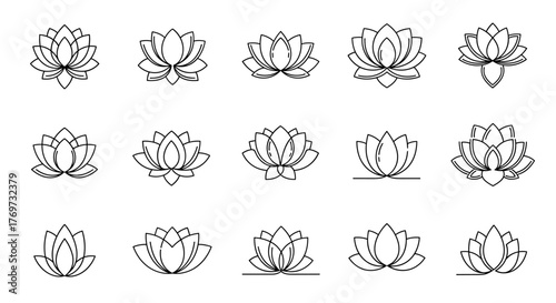 A collection of twelve unique, hand-drawn floral motifs, each showcasing intricate petal designs and delicate stem structures, presented in a clean, minimalist line art style suitable for graphic