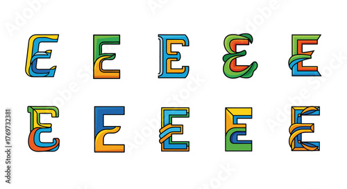 Collection of ten stylized, colorful letter E designs, each with a unique artistic interpretation and vibrant color palette, set against a stark black background, perfect for graphic design and