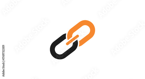 Abstract graphic representation of a chain link, symbolizing connection, strength, and unity. The design features a bold orange link intertwined with a dark gray link against a stark black