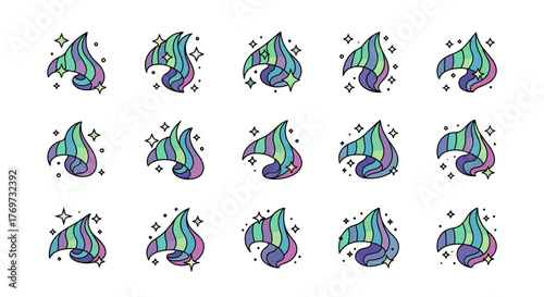 A collection of 15 stylized, abstract flame or aurora borealis-like icons in a pastel color palette of purple, blue, and green, each adorned with sparkling stars, perfect for digital art, fantasy
