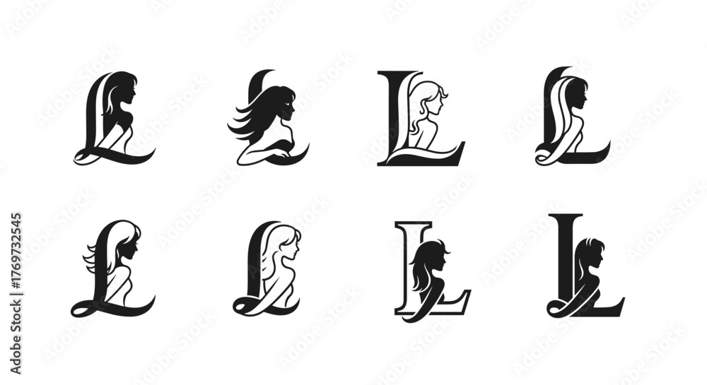Naklejka premium Collection of eight stylized feminine letter L monograms featuring diverse hairstyles and elegant silhouettes, perfect for branding, logos, and design elements, presented in a clean white outline on