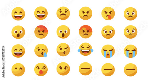 Collection of 3D rendered yellow emoji faces expressing a wide range of emotions, including happiness, anger, sadness, surprise, and laughter, set against a stark black background, perfect for