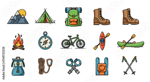 Collection of vibrant, flat design icons representing outdoor adventure and camping activities, including mountains, tent, backpack, hiking boots, campfire, compass, bicycle, kayak, canoe, water