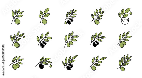 Collection of stylized olive branch icons with green and black olives, some with dripping oil, symbolizing freshness, natural ingredients, and healthy Mediterranean cuisine, perfect for food branding
