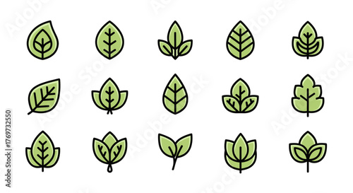 Collection of stylized green leaf icons with black outlines and a light green fill, representing nature, growth, and the environment, presented on a black background for versatile design applications.