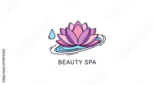 Serene lotus flower floating on tranquil water with a single dewdrop, symbolizing purity, balance, and the essence of a peaceful beauty spa experience, perfect for wellness and relaxation branding.