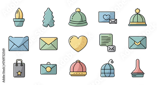A charming collection of flat design icons featuring winter hats, envelopes, a shopping bag, a potted plant, a Christmas tree, a heart, and a speech bubble, perfect for digital communication and