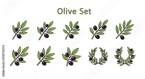 A collection of stylized olive branches with dark purple olives and green leaves, alongside two olive wreaths, presented against a plain black background, perfect for culinary or decorative design