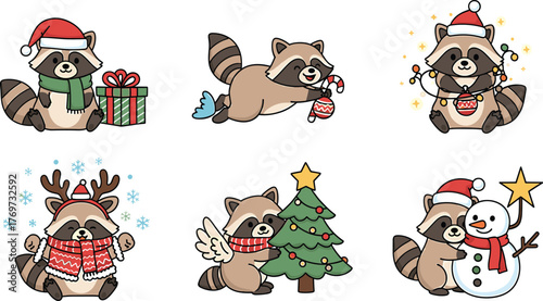 Cute cartoon raccoons celebrating Christmas with gifts and decorations Keywords: raccoon, christmas, holiday, cute, animal, cartoon, illustration, festive, santa hat, scarf, gift box, present