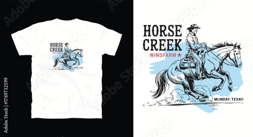 Horse Creek Windfarm T-Shirt Design Vector: Western Graphic with Cowboy on Horse in Munday, Texas, Vintage Style for Apparel and Souvenirs