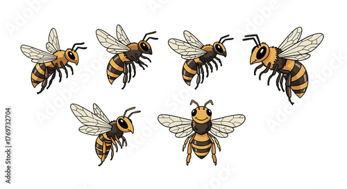 A charming collection of six cartoon bees, each with unique poses and expressions, rendered in a vibrant, illustrative style against a stark black background, perfect for adding a touch of whimsy and