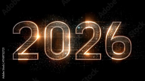 Happy New Year 2026. Glowing gold futuristic numbers with sparkles on a black background. Luxury design for a holiday greeting card or party invitation.