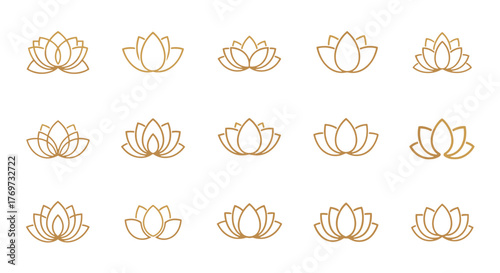 A collection of fifteen elegant golden lotus flower outlines, presented in a grid formation against a stark black background, symbolizing purity, enlightenment, and spiritual awakening in a