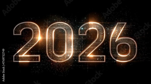 Happy New Year 2026. Glowing gold futuristic numbers with sparkles on a black background. Luxury design for a holiday greeting card or party invitation.