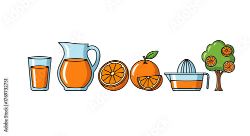 A vibrant and illustrative sequence depicting the journey of oranges from tree to table, showcasing a juicy orange tree, fresh oranges, a manual juicer, a pitcher of orange juice, and a glass of