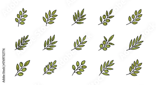 Collection of stylized olive branches with green leaves and olives, presented in a clean, modern, flat design with a subtle outline, isolated on a black background, perfect for food, health, and