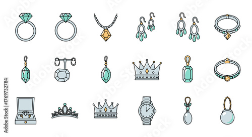 Collection of exquisite jewelry icons, featuring sparkling diamond rings, elegant necklaces, dazzling earrings, majestic crowns, a classic wristwatch, and a luxurious jewelry box, all rendered in a