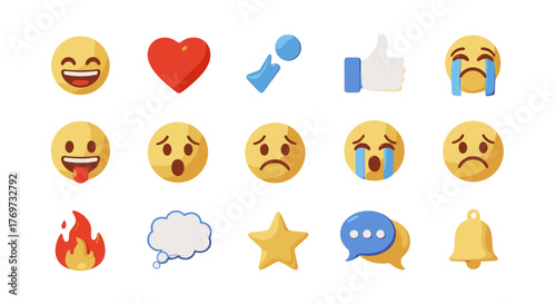 Collection of 3D rendered emojis and icons representing various emotions, social media reactions, and communication symbols, set against a plain black background for versatile use in digital design