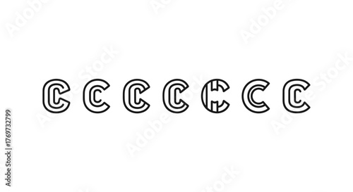 A series of seven stylized letter C graphics are displayed horizontally against a stark black background, with subtle variations in their outlines and internal structures, creating a visually