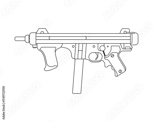 Beretta M12 Submachine Gun Line Drawing, Military Weapon Vector Illustration