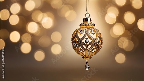 Gold christmas orname hanging on gold background with lights in the background.