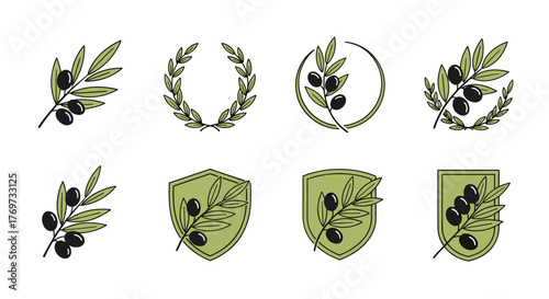 Collection of stylized olive branch icons and emblems, featuring black olives and green leaves, presented on a black background, suitable for branding, food, and natural product designs, symbolizing