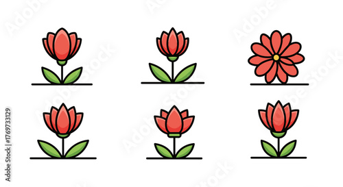 Collection of stylized red flowers with green leaves, presented in a clean, modern, and minimalist vector graphic design, suitable for logos, icons, and decorative elements, showcasing natural beauty