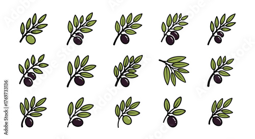 A collection of stylized olive branch icons featuring both green and black olives, presented against a stark black background, perfect for culinary, health, or Mediterranean-themed designs.