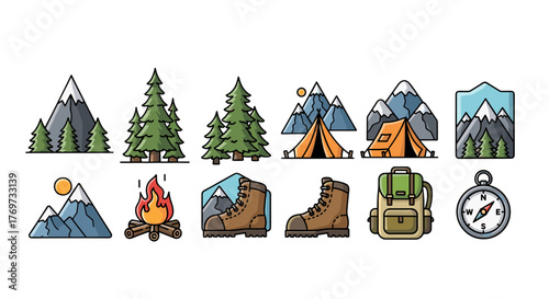 Vibrant flat design icons set for outdoor adventure and camping, featuring mountains, pine trees, tents, campfire, hiking boots, backpack, and compass, perfect for travel and nature themes.