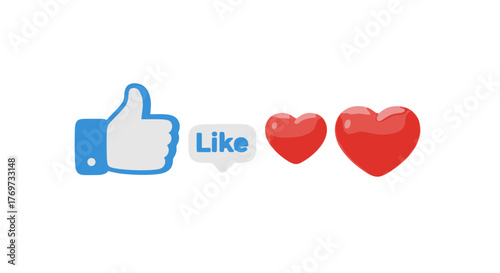 Three-dimensional social media icons: a blue thumbs-up symbol, a white speech bubble with the word "Like" in blue, and two red hearts, isolated on a black background, representing engagement