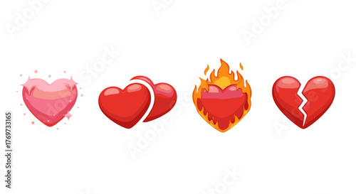 A collection of four distinct heart emojis, showcasing a sparkling pink heart, two intertwined red hearts, a heart engulfed in flames, and a broken red heart, all presented against a stark black