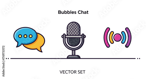 Set of three modern flat icons representing communication and broadcasting: chat bubbles for conversation, a vintage microphone for audio recording or podcasting, and a signal icon for wireless