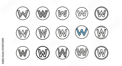 A collection of stylized letter W logos in a circular frame, presented on a black background, with one logo highlighted in a vibrant blue color, suggesting a modern and dynamic brand identity