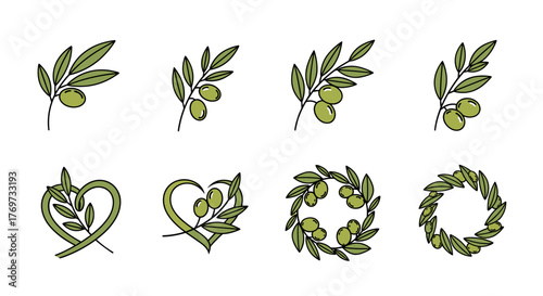 Collection of stylized olive branches with green olives, forming decorative elements like hearts and wreaths, presented on a solid black background, perfect for branding and design projects related