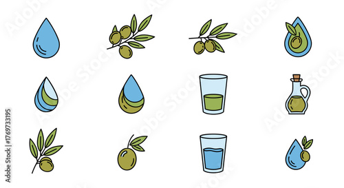 Set of twelve flat design icons representing olive oil production and consumption, including water drops, olive branches, olives, glasses of olive oil, and a bottle of olive oil, perfect for food and