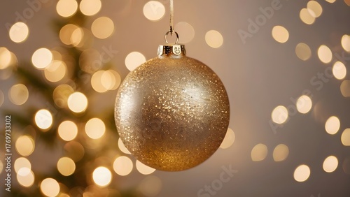 Gold christmas ball hanging from christmas tree with lights in the background.