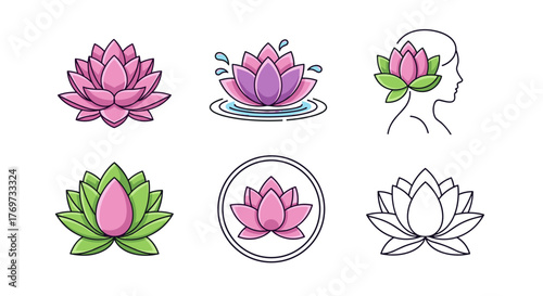 Collection of stylized lotus flowers in various designs and colors, including a lotus in water with splashes, a lotus within a silhouette of a woman's head, a lotus in a circle, and a simple outline