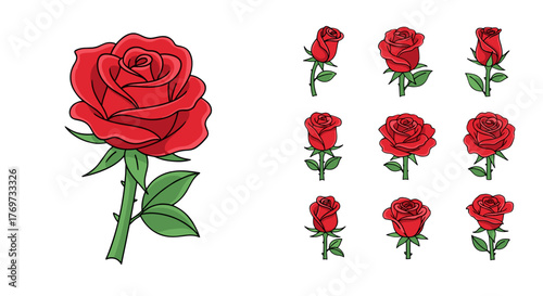 A collection of vibrant red roses, featuring a large, detailed rose on the left and a grid of smaller, stylized roses on the right, all set against a stark black background, perfect for romantic