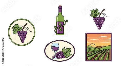 A vibrant collection of wine-related illustrations, featuring bunches of ripe purple grapes, a green bottle entwined with leaves, a glass of red wine, and a picturesque vineyard at sunset, perfect