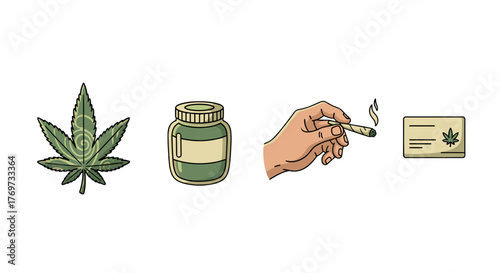 A stylized cannabis leaf, a jar, a hand holding a lit marijuana joint, and a cannabis leaf on a card are depicted in a flat, illustrative style against a black background, symbolizing marijuana