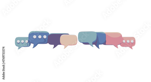 A vibrant and dynamic 3D illustration showcasing a row of colorful, rounded speech bubbles with ellipses inside, symbolizing communication, conversation, and online messaging in a modern, digital