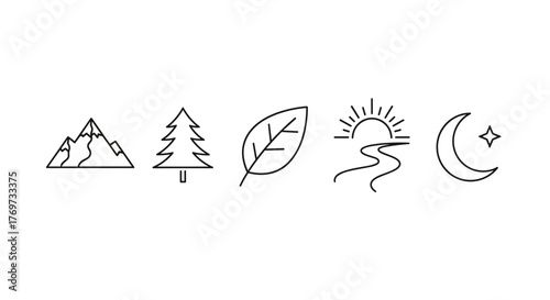 A minimalist line art collection showcasing iconic natural elements: a majestic mountain range, a solitary evergreen tree, a delicate leaf, a serene river at sunrise, and a crescent moon with a star