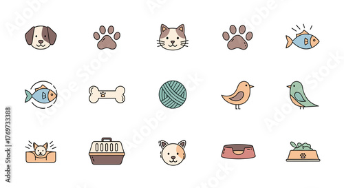 A charming collection of flat design icons representing various pets and pet care essentials, including a dog, cat, fish, birds, paw prints, a bone, a yarn ball, a pet carrier, and food bowls, all