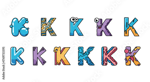 Collection of ten unique and creatively designed letter K illustrations, each with a distinct style, color palette, and personality, perfect for educational materials, branding, or graphic design