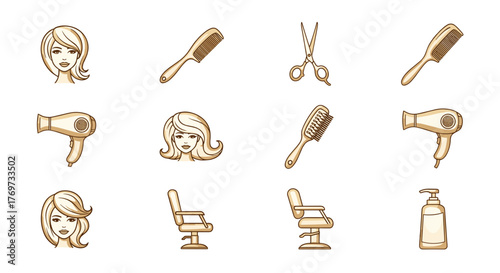 A collection of golden icons representing hair salon and beauty services, including stylish female hairstyles, professional hair dryers, combs, scissors, barber chairs, and a pump bottle of shampoo